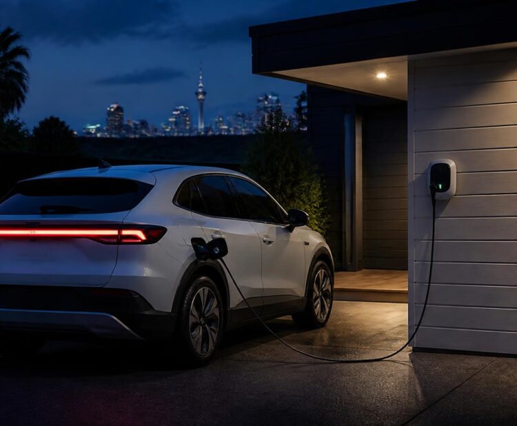 Electric vehicle using a smart home charger in a New Zealand driveway