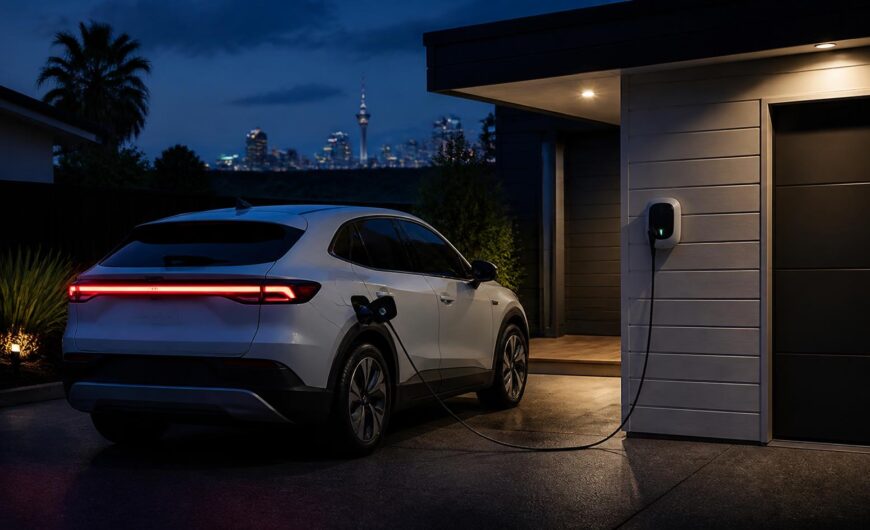 Electric vehicle using a smart home charger in a New Zealand driveway